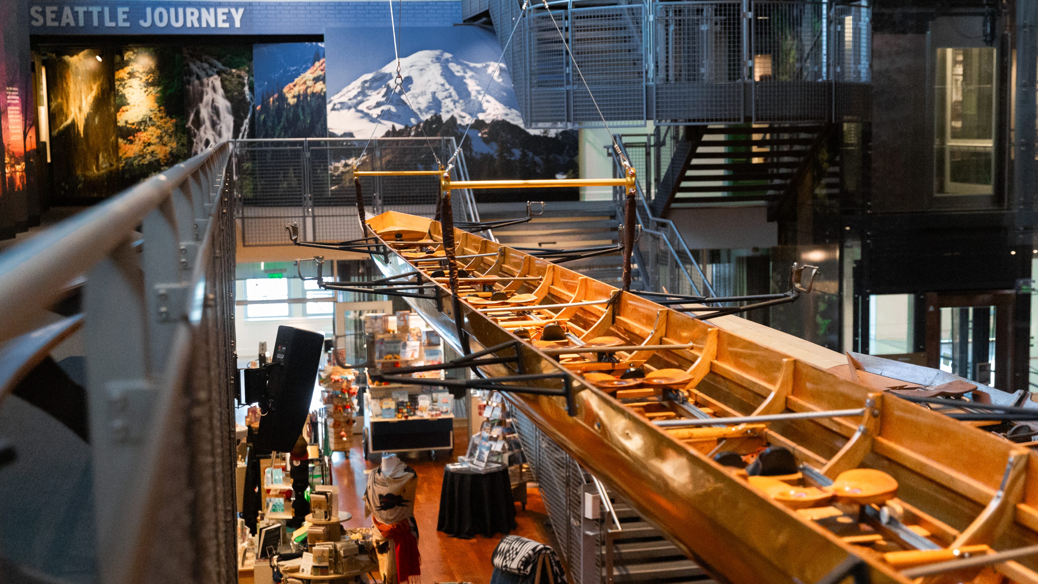 A Pocock Racing Shell hanging in the Grand Atrium at MOHAI.